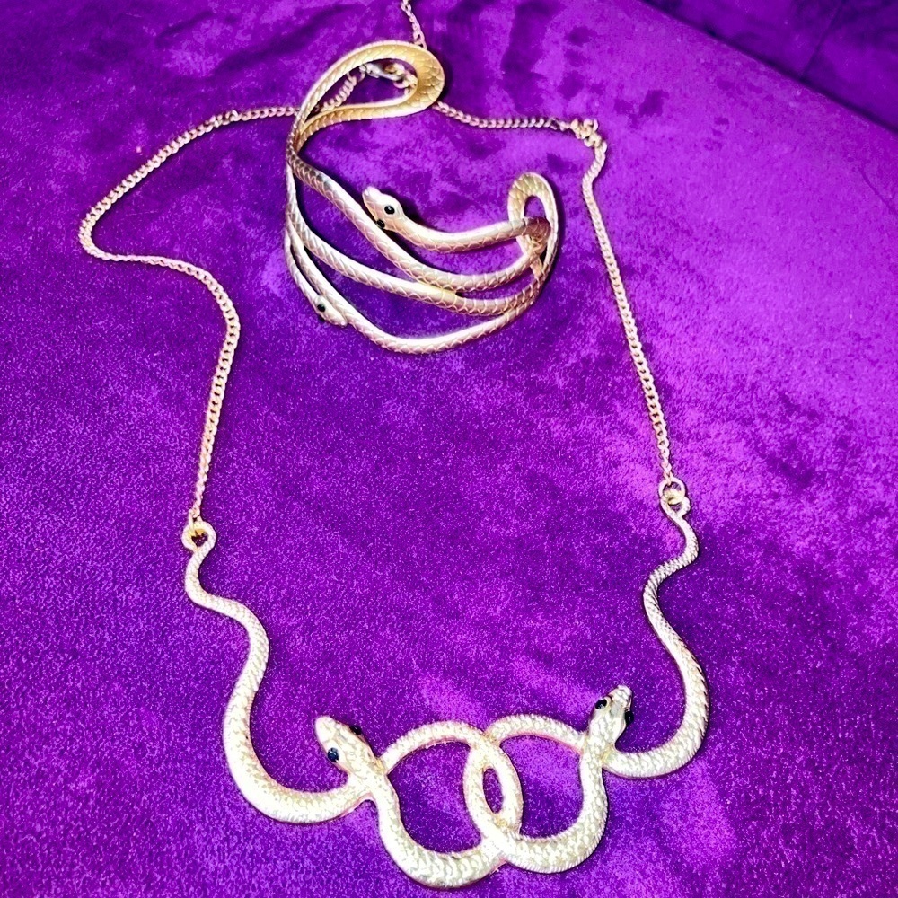 Vintage BUNDLE gold metal Whimsigoth snake wrap necklace & bracelet cuff